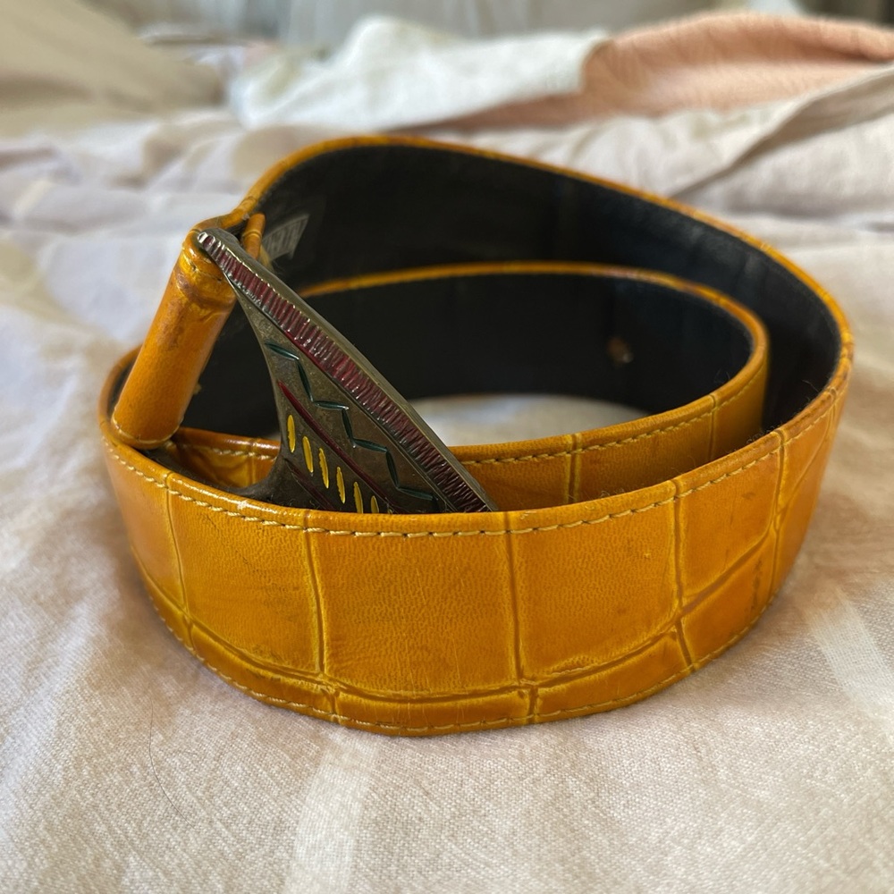 Yellow Crocodile Embossed Leather Belt